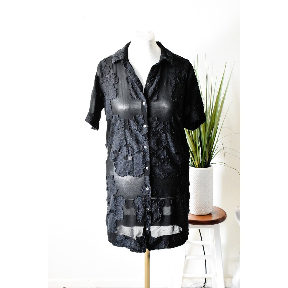 Wilfred Floral Burnout Blouse Women Large Black Sheer Short Sleeve Button Up